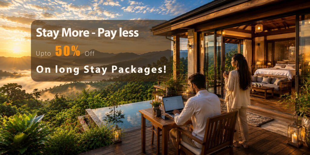 Workcation or Long stay mountain resort with panoramic hill views, remote work friendly villa, infinity pool and scenic nature retreat